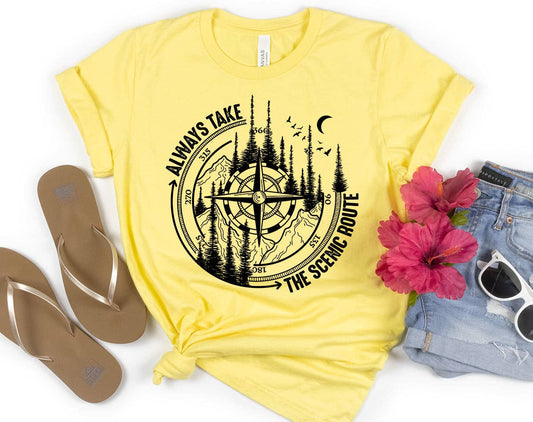 Always Take The Scenic Route- Vacation Travel T-Shirt Pale Yellow
