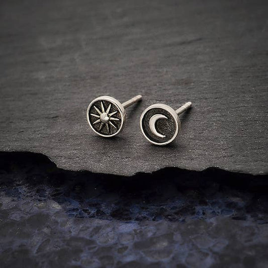 Sterling Silver Sun and Moon Post Earrings | 6x6mm