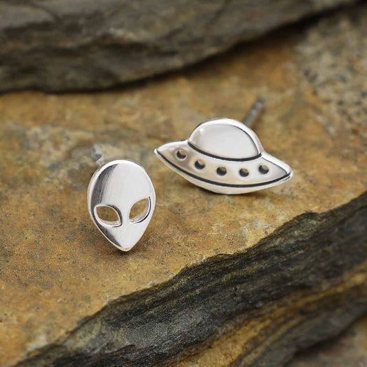 Sterling Silver Mismatched Alien + UFO Post Earrings
